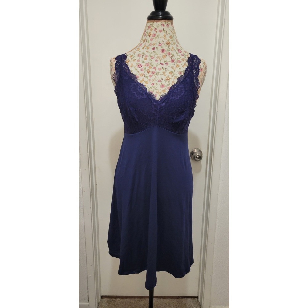 Flora Nikrooz Women Blue Floral Lace Babydoll Slip Chemise Dress M 1836615